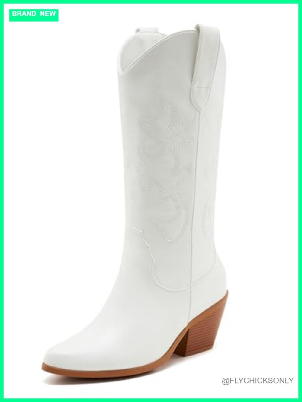 Western Cowboy Boots Mid-Calf Embroidered Slip On Chunky Heel Faux Leather Women